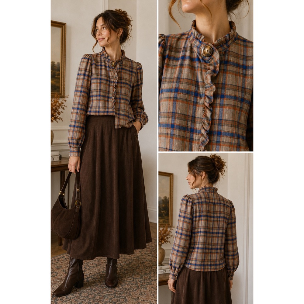 Sézane Chloé Plaid Ruffle Blouse FR 40 US 8 Button Fall Parisian Cottage Autumn
